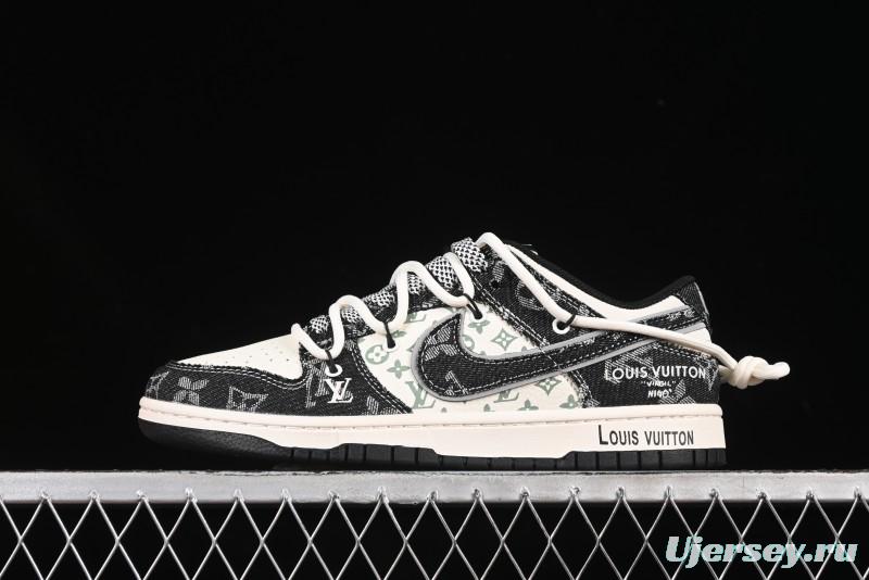 Nike SB Dunk Low LV Collaboration Strap Black Denim Print Anniversary High-End Custom Low-Top Casual Skate Shoes - YX5066-320