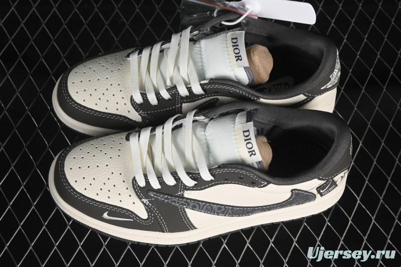 Nike Travis Scott x Fragment Design x Air Jordan 1 Low OG SP AJ1 Dior Collaboration Beige Swoosh Low-Top Casual Sneakers - XS2024-039