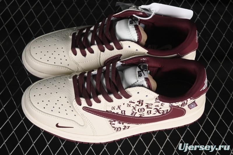 Nike Travis Scott x Fragment Design x Air Jordan 1 Low OG SP AJ1 Cross Hoodie Collaboration Brown Print Low-top Casual Sneakers - LD2025-016