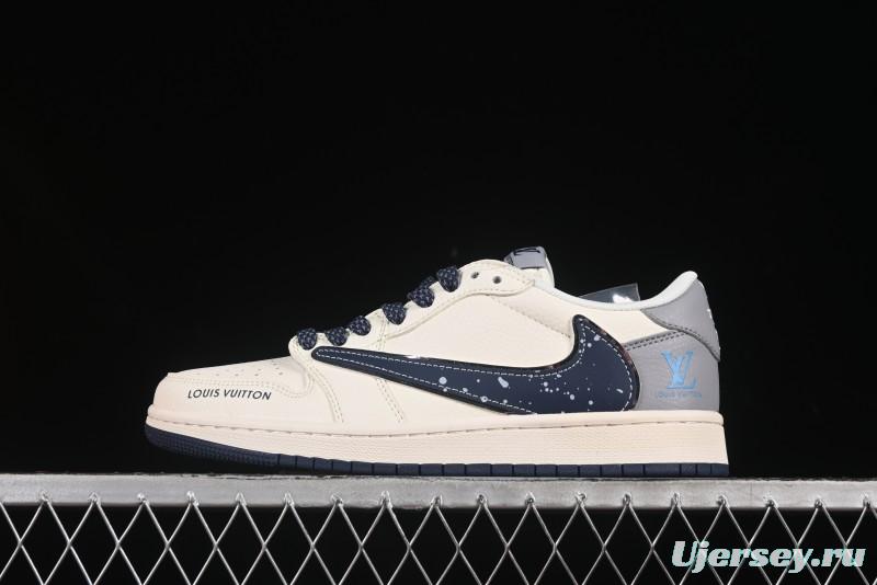 Nike Travis Scott x Fragment Design x Air Jordan 1 Low OG SP Sneakers with Splatter Blue Swoosh - ZH2598-242
