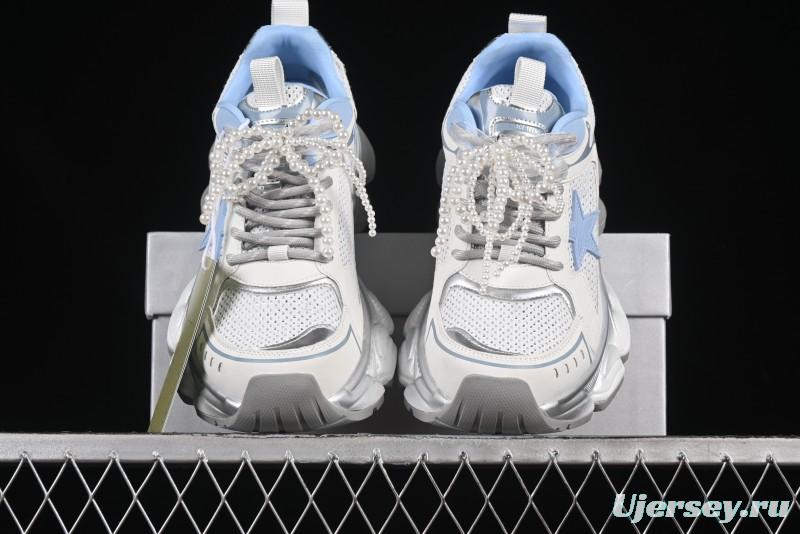 GG-CC Star Same Style Lace-Up Hollow Out Dad Shoes with 5cm Hidden Height Increase - G25X269 White Blue