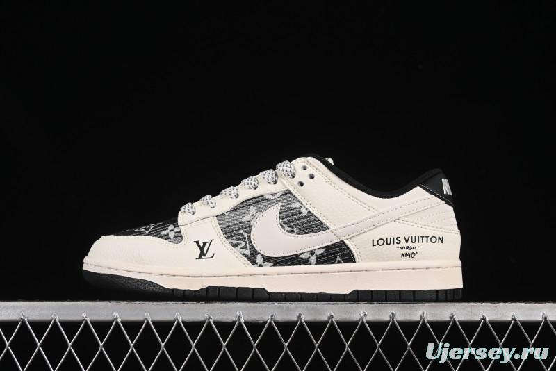 Nike SB Dunk Low LV Collaboration Black White Woven Fabric White Swoosh Anniversary High-End Custom Low-Top Casual Skate Shoes - FC1688-229