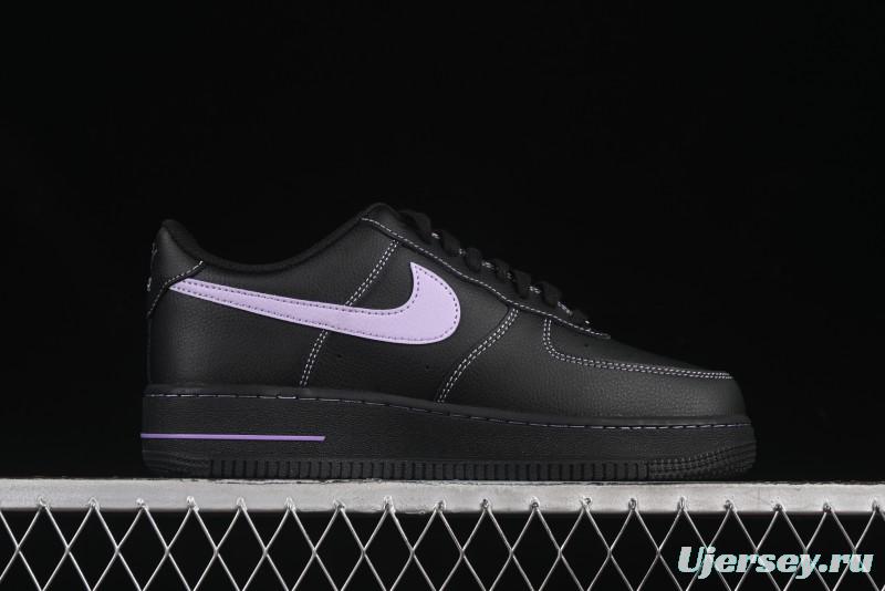 Nike Air Force 1'07 Low Casual Sneakers in Black with Purple Swoosh - HQ2037-001