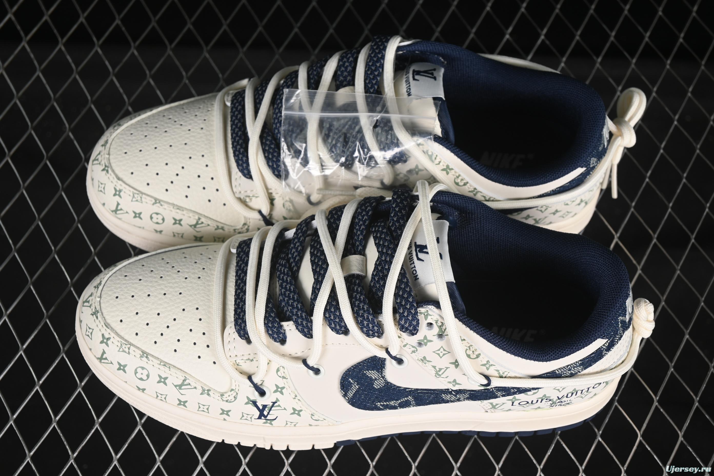 Nike SB Dunk Low LV Collaboration Strap Denim Blue Swoosh Anniversary High-End Custom Low-Top Casual Skate Shoes - YX5066-329