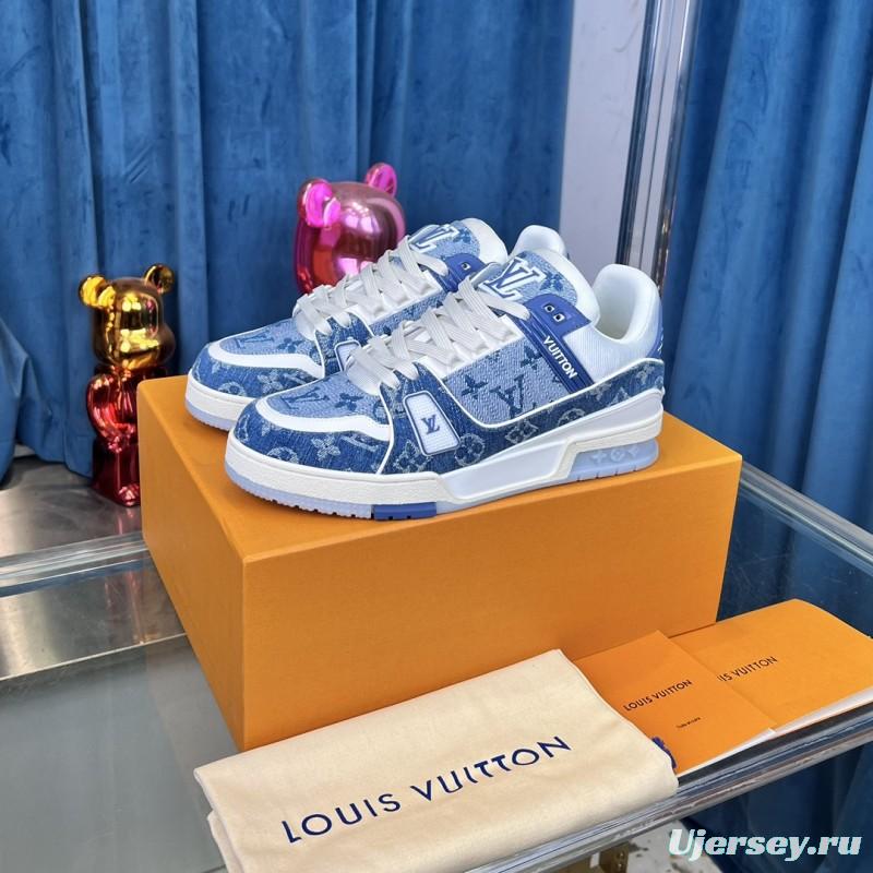 2025 Men Louis Vuitton Blue White Denim Leather LV Trainer