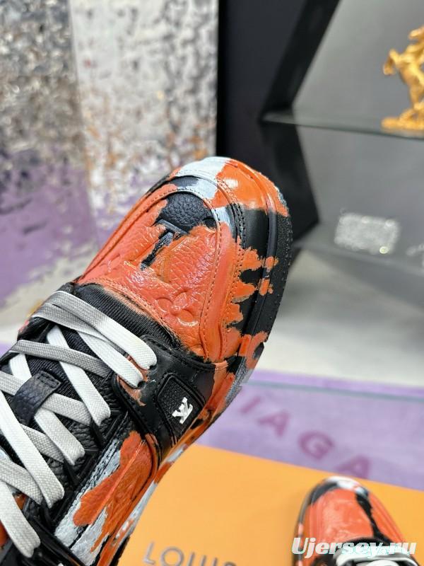 2024 Unisex Louis Vuitton Orange Black White Leather Denim Plimsolls Artist Hand-drawn MJ00780