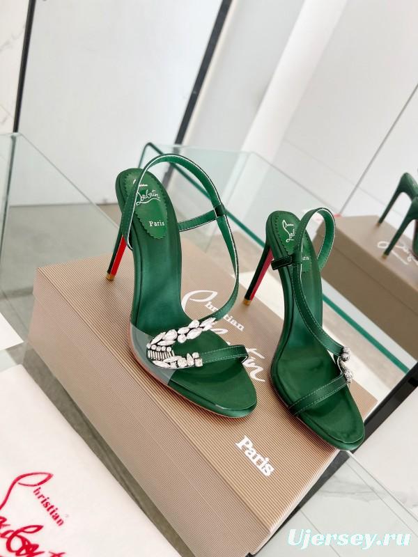 2025 Women Christian Louboutin Green Silk High Heel Crystal Sandal LY00300