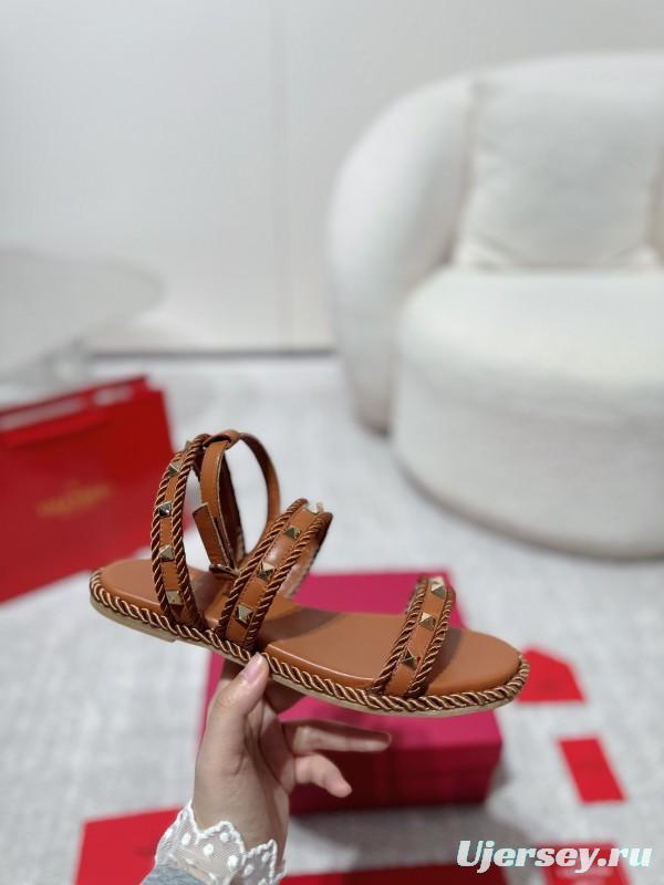 2025 Women Valentino Brown Leather Sandals Braided Craftsmanship LY00250