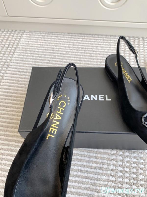 2025 Women Chanel Black Suede Slingback Heart Logo Flats KFY00300