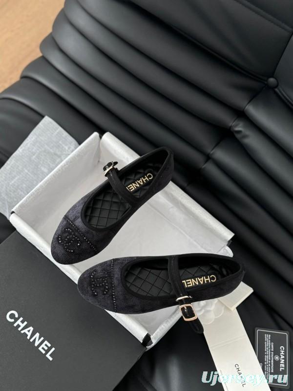 2025 Women Chanel Black Velvet Mary Jane Embroidered LY00280