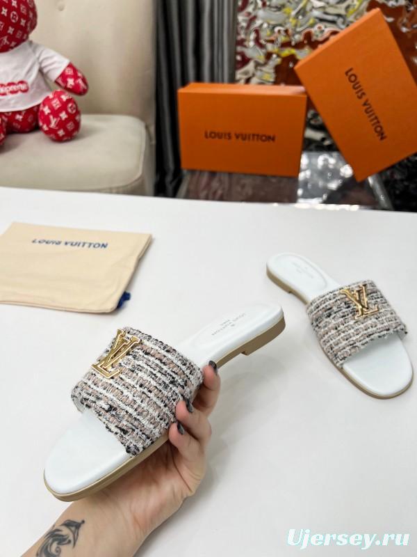 2025 Women Louis Vuitton White Tweed Leather Slippers LY00210