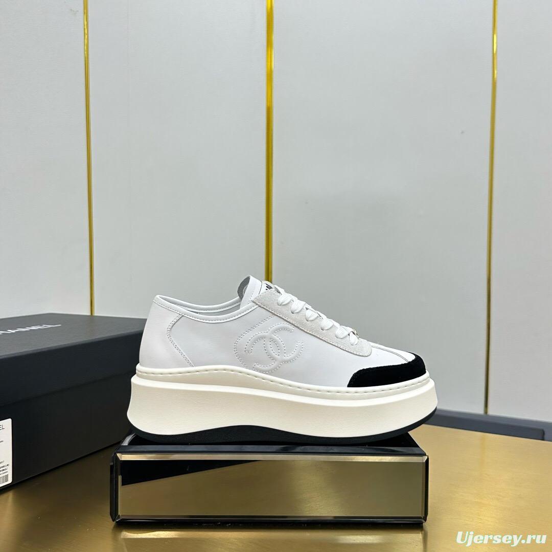 2025 Women Chanel White Black Leather Sneakers Platform Sole