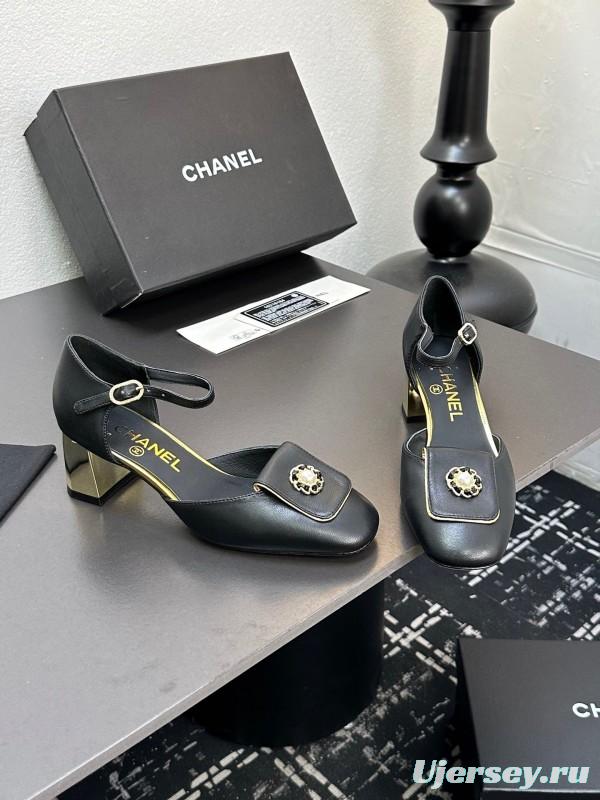 2025 Women CHANEL Black Leather Block Heel Metal Accent LY00360