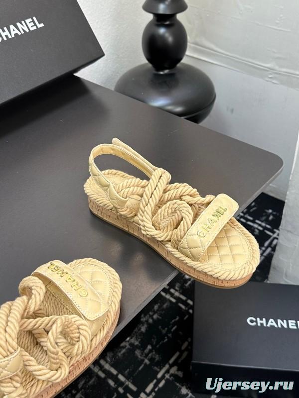 2025 Women Chanel Beige Rope Leather Slingback Sandals