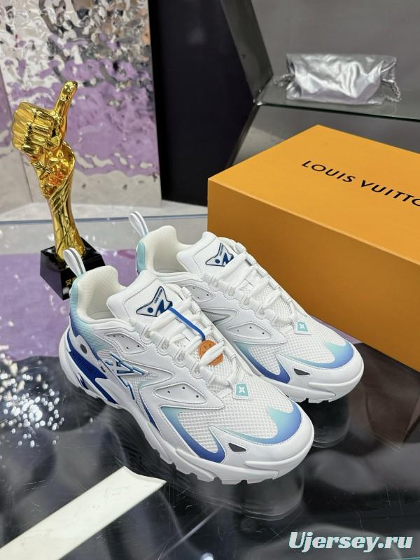 2025 Men Louis Vuitton Blue White Mesh Leather Sneakers MJ00420
