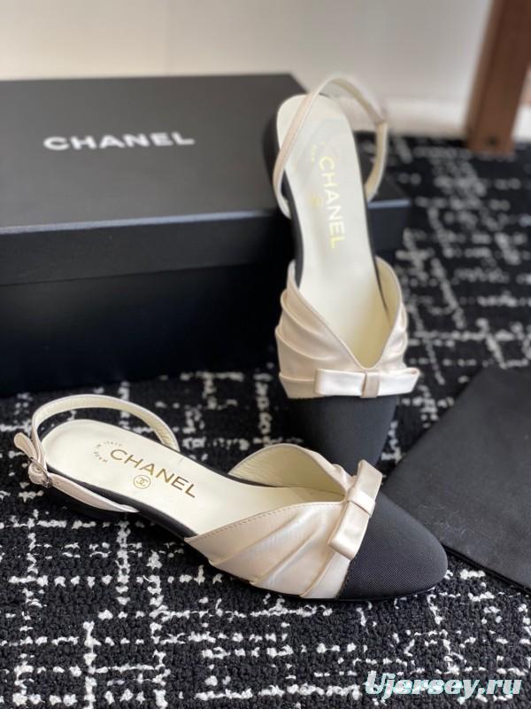 2025 Women Chanel Black Beige Silk Leather Sandals Bow KFY00289