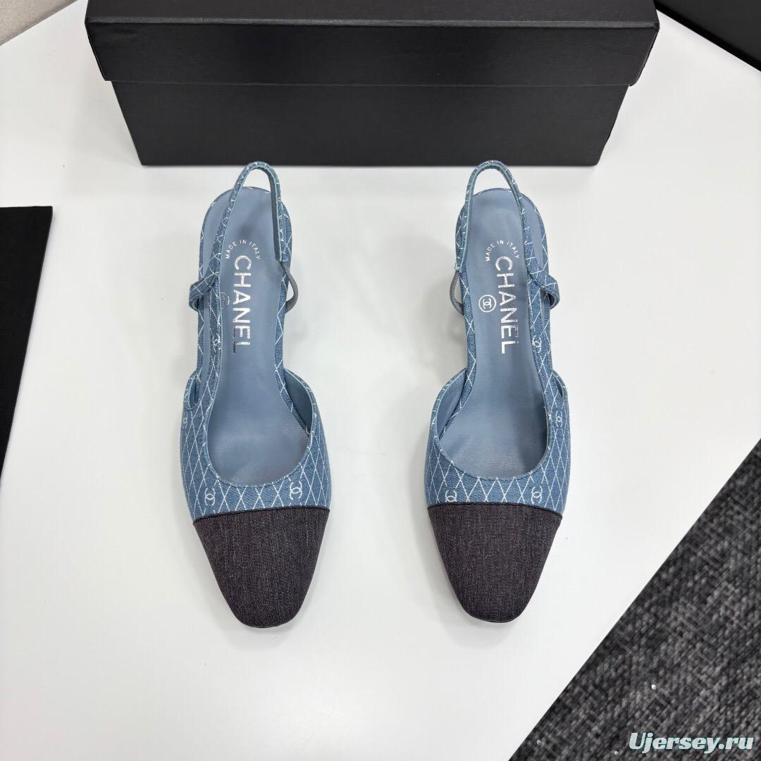 2025 Women Chanel Blue Grey Denim Leather Slingback Shoes