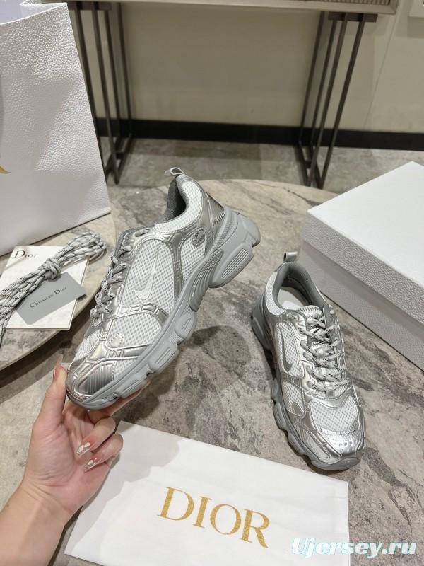2025 Women Dior Silver Mesh Leather Sneakers