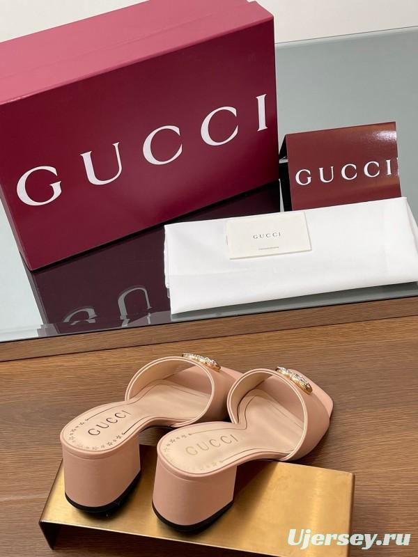 2025 Women Gucci Pink Leather Slippers GG Crystal Buckle LY00280
