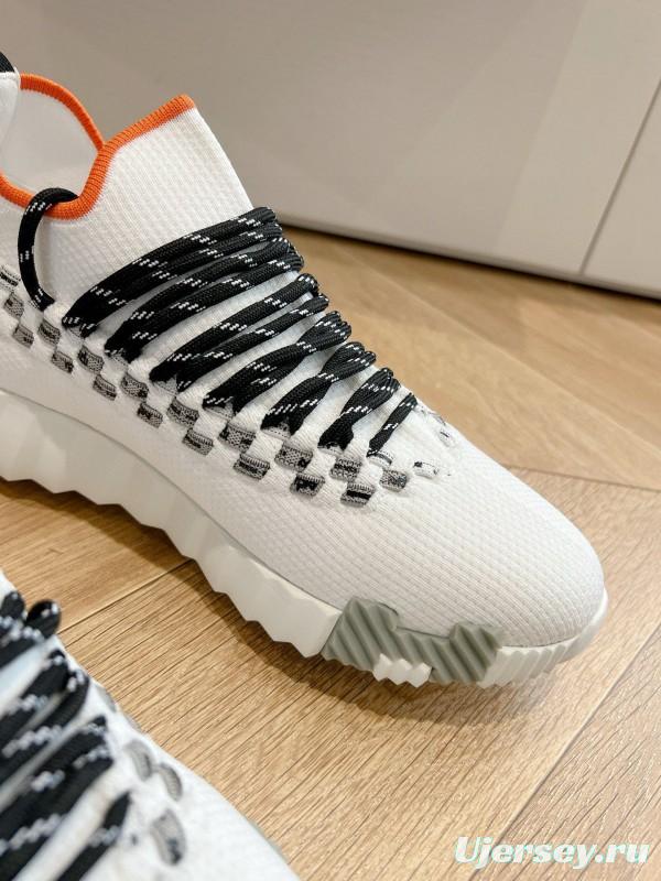 2024 Unisex Hermès White Black Orange Calfskin Suede Knit Sneakers MJ00290