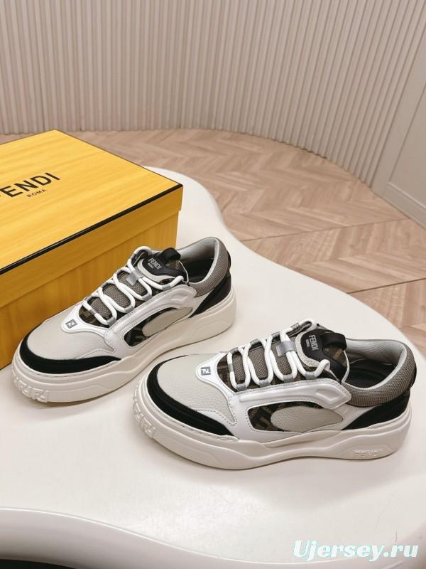 2025 Women Fendi White Black Grey Leather Mesh Sneakers