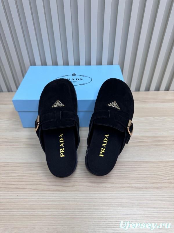 2025 Slippers Prada Black Suede Slippers LY00280