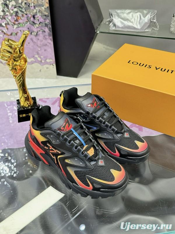 2025 Men Louis Vuitton Black Yellow Orange Mesh Leather Sneakers MJ00420