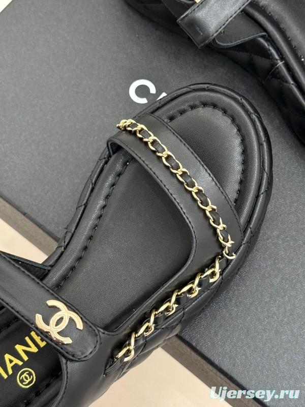 2025 Women Chanel Black Lambskin Platform Sandals Chain KFY00270