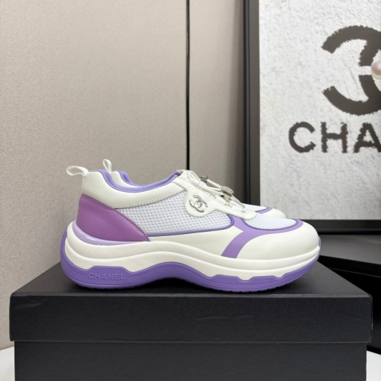 2025 Women Chanel White And Purple Leather And Mesh Casual Sneakers Chunky Sole Classic Logo LY00360(F)