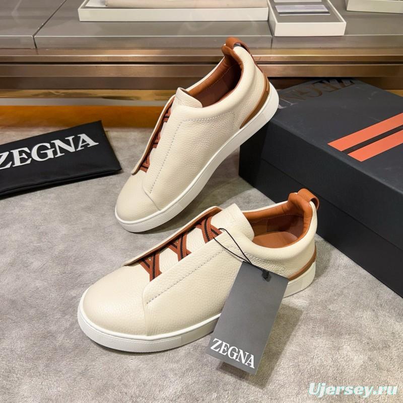 2024 Men Ermenegildo Zegna White Brown Calf Leather Pelletessuta Sneakers Elastic Detail MJ00280