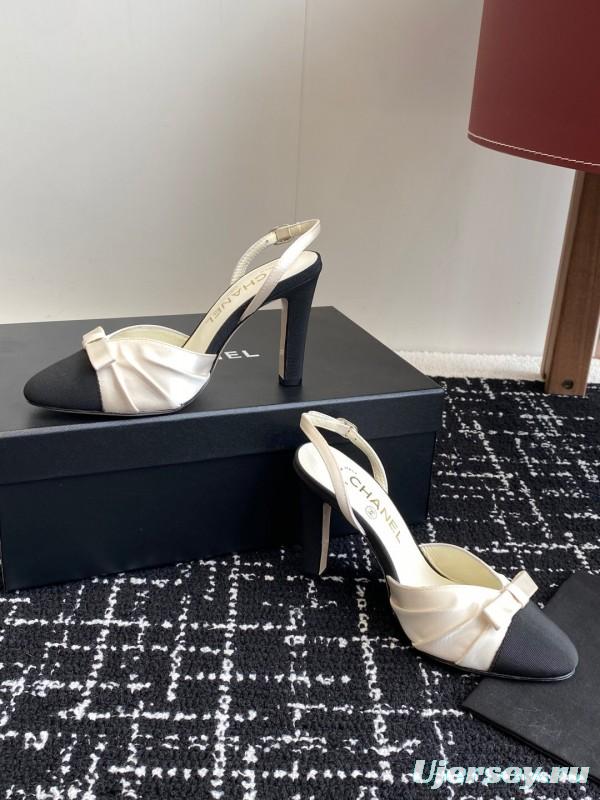 2025 Women Chanel Black White Satin Leather Slingback Heels