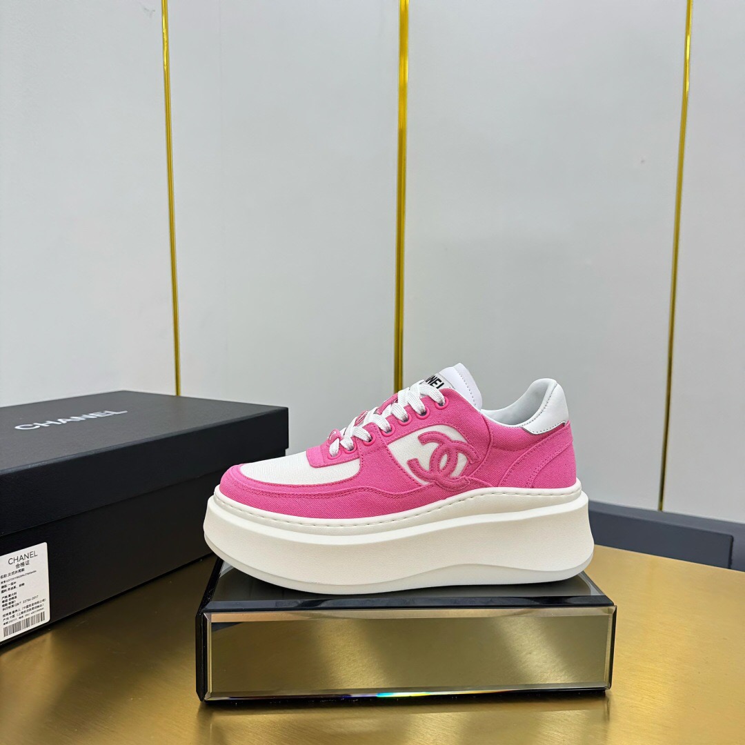 2025 Women Chanel Pink White Leather Canvas Sneakers