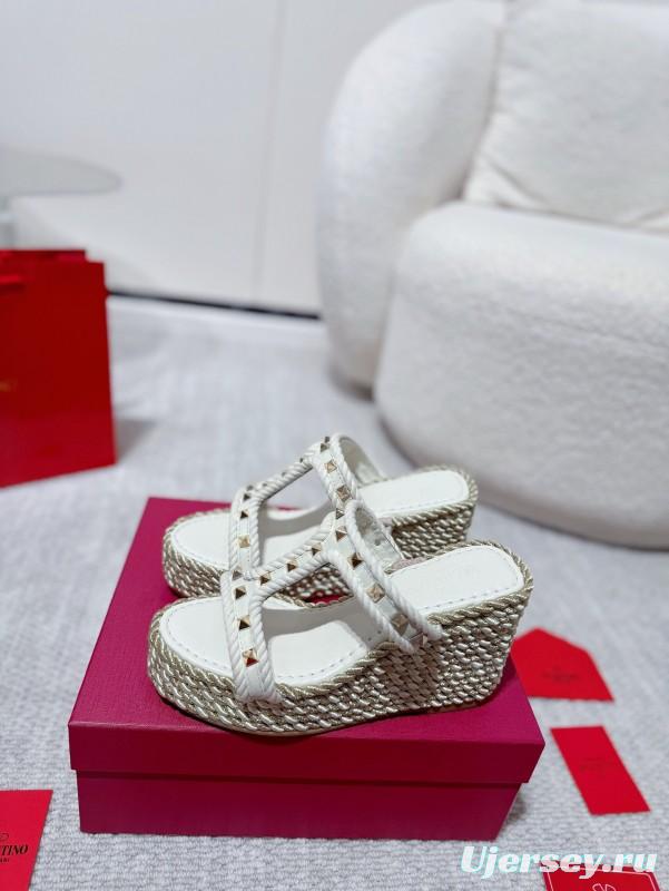 2025 Women Valentino White Leather Wedge Sandals Studs LY00290