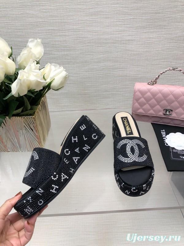 2025 Women Chanel Black Fabric Rhinestone Slippers LY00320