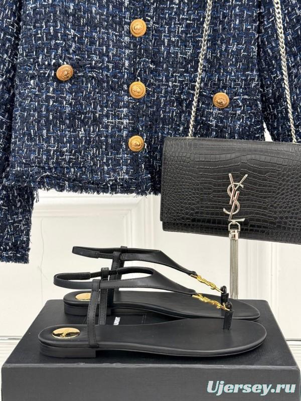 2025 Women Yves Saint Laurent Black Leather Sandals KFY00270