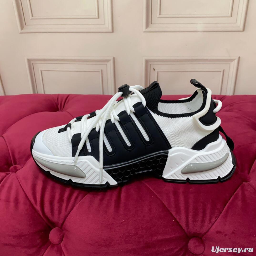 2025 Unisex Dolce & Gabbana Black White Mesh Leather Sneakers LY00340
