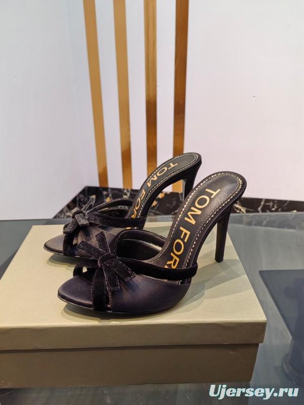 2025 Women TOM FORD Black Velvet High Heel Backless Sandals KFY00290