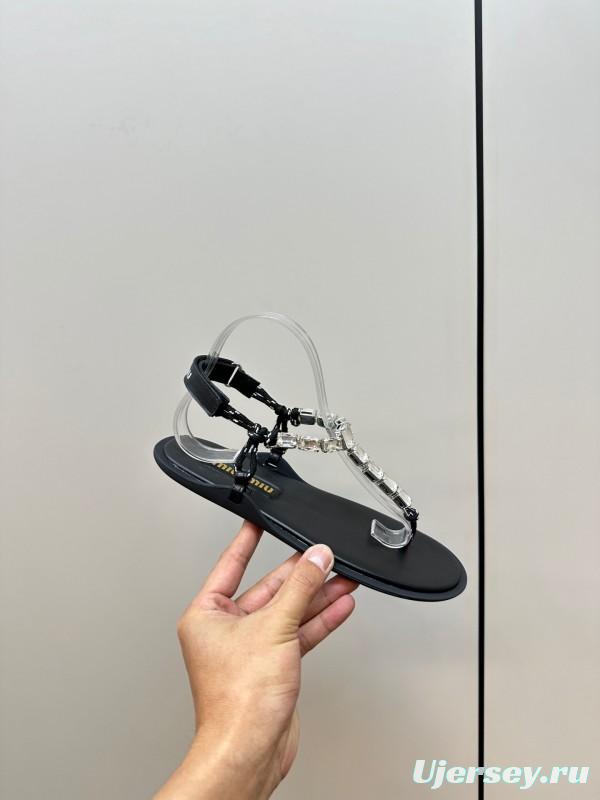 2025 Women Miu Miu Black Leather Rhinestone Sandals LY