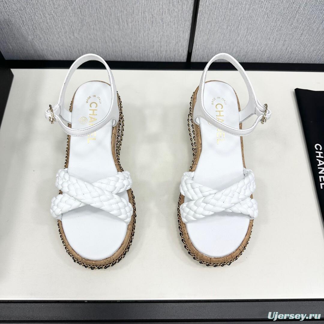 2025 Women Chanel White Leather Wedge Sandals