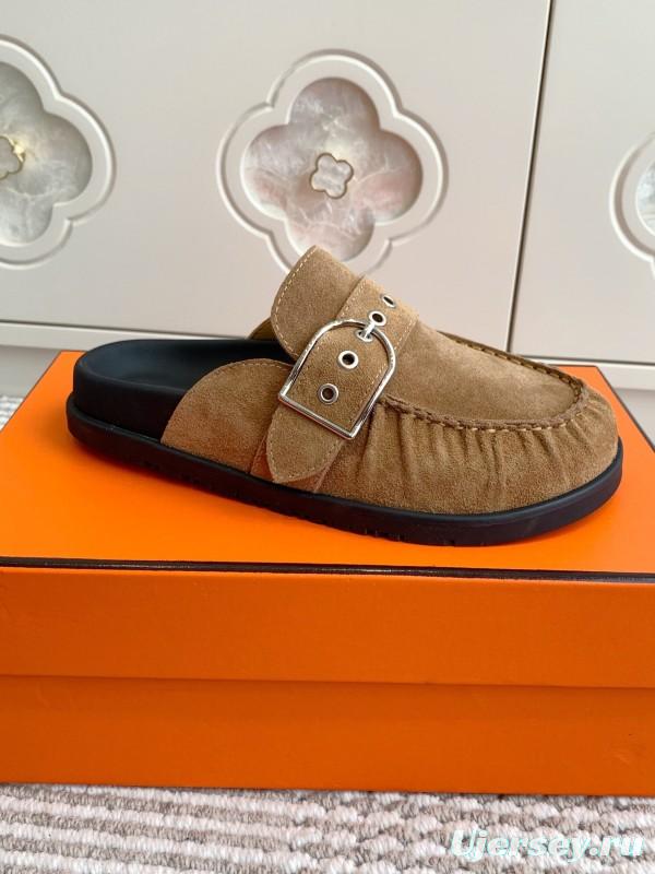 2025 Women Hermès Deep Brown Suede Mule Buckle KFY00290