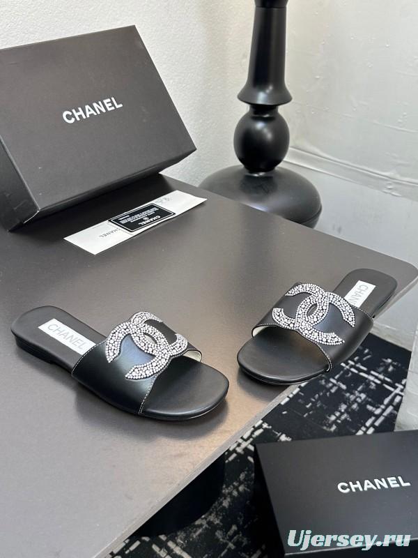 2025 Women Chanel Black Leather Rhinestone Logo Slide Sandals LY00360(F)