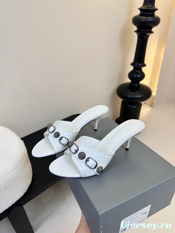 2025 Women Balenciaga White Leather Heeled Mules KFY00290