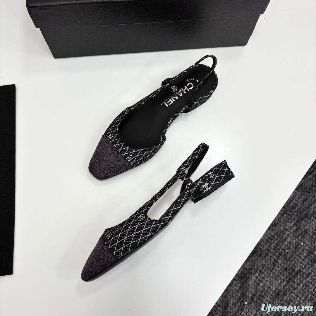 2025 Women Chanel Black White Fabric Leather Slingback LY00240