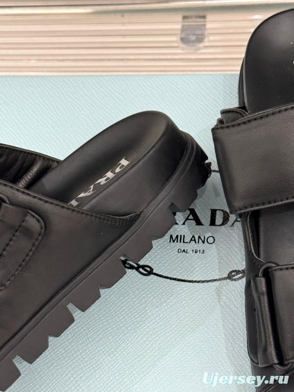 2025 Women Prada Black Leather Slippers KFY00240