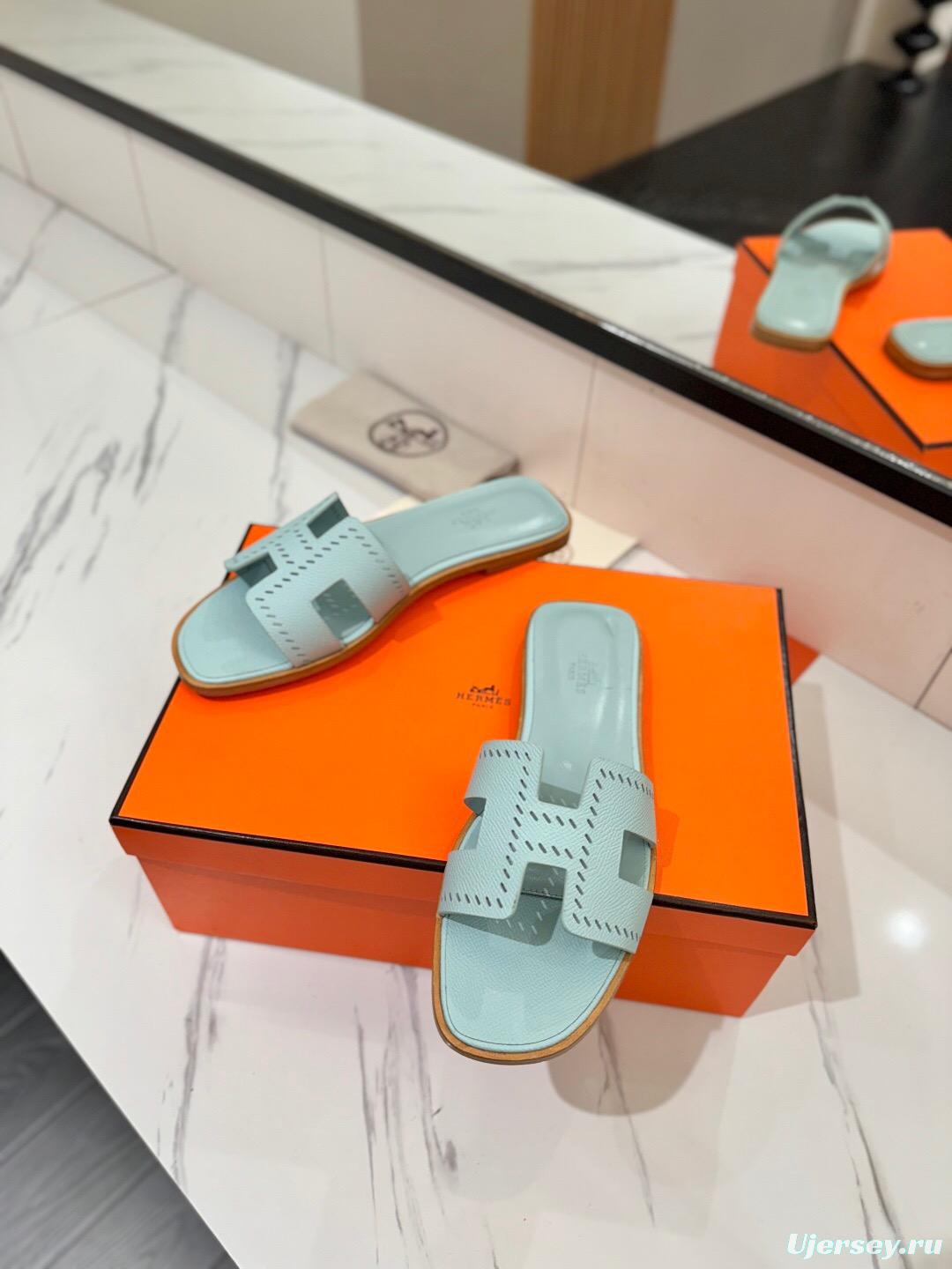 2025 Women Hermès Light Blue Leather Slippers