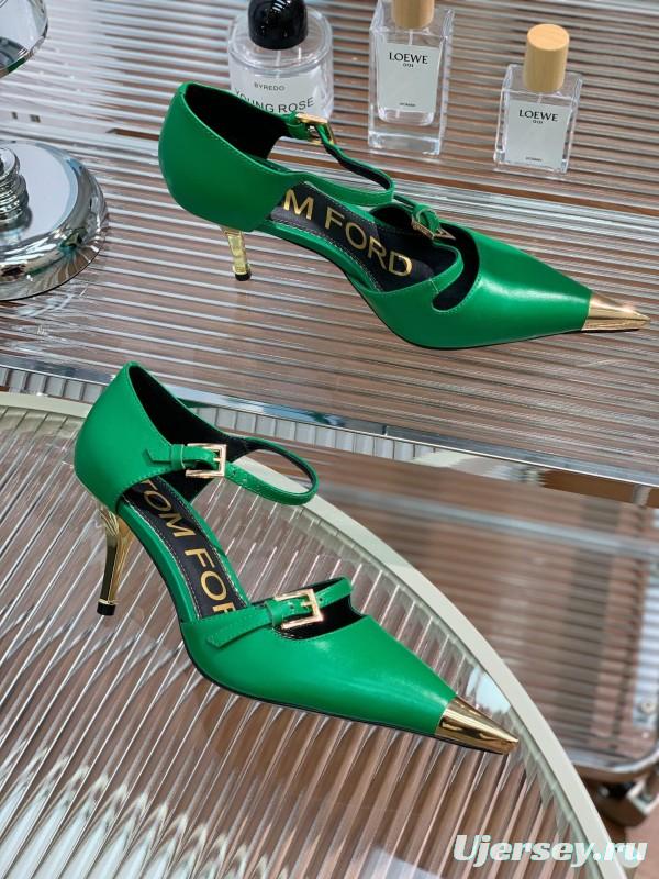 2025 Women TOM FORD Green Gold Leather Pointed Toe Mary Jane KFY00320