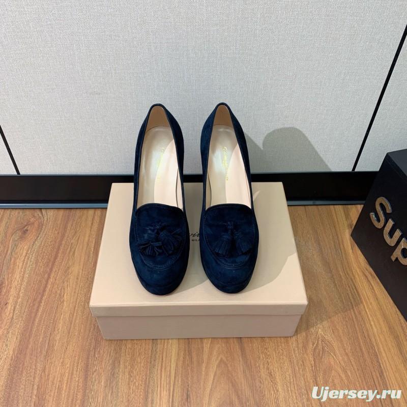 2025 Women Gianvito Rossi Navy Suede Platform Loafers KFY00330