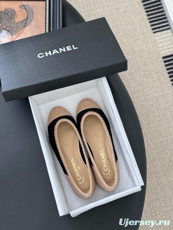 2025 Women Chanel Black Beige Knit Ballet Flats