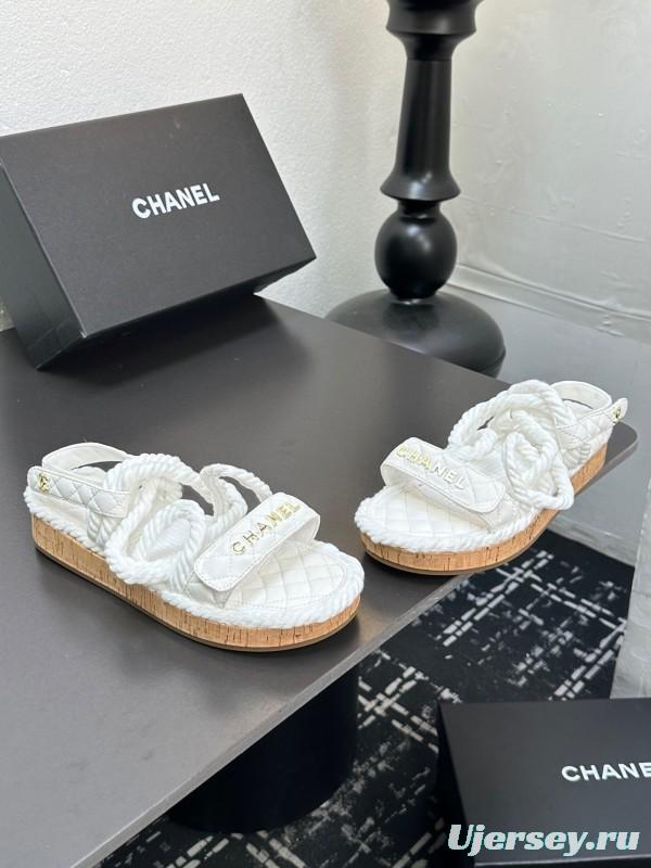 2025 Women Chanel White Leather Roped Espadrille Sandals LY00260