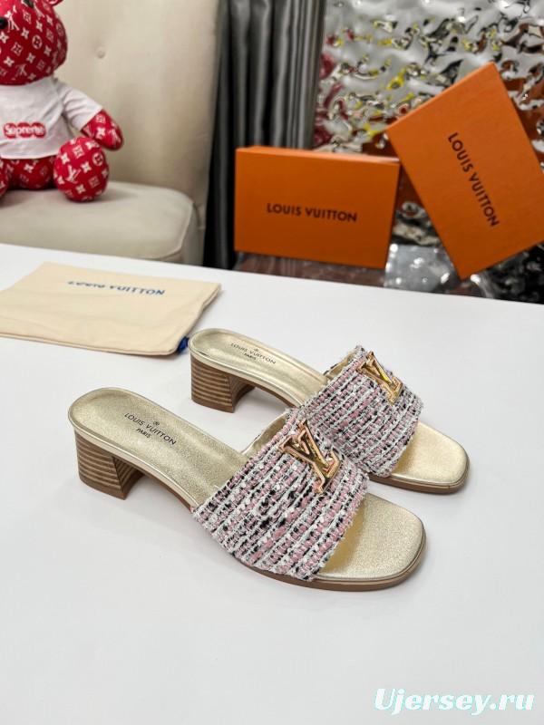 2025 Women Louis Vuitton Pink White Tweed Leather Heeled Mules LY00220